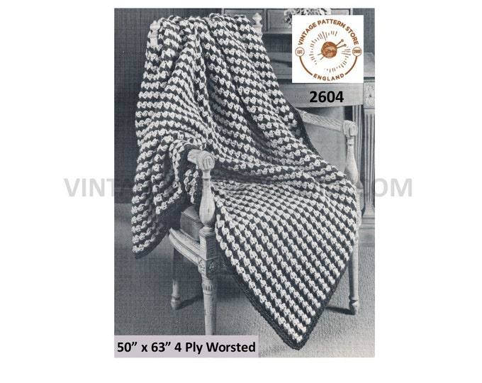 60s vintage 4 ply houndstooth patterned afghan throw pdf crochet pattern 50" by 63" Instant PDF download 2604