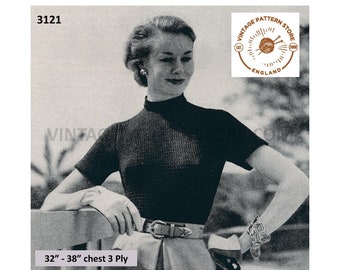 Ladies Womens 50s vintage crew neck short sleeve 3 ply Summer sweater jumper pdf knitting pattern 32" to 38" Instant PDF Download 3121