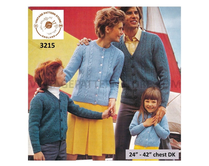 Ladies Mens Boys Girls 70s family DK V or round neck cable striped cabled raglan cardigan pdf knitting pattern 24" to 42" PDF download 3215