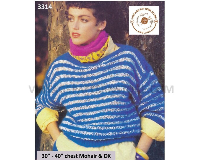 Ladies Womens 80s vintage DK slash neck drop stitch shoulder striped dolman sweater jumper pdf knitting pattern 30" to 40" Download 3314