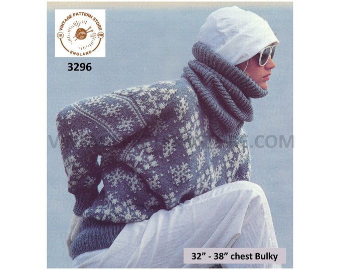 Ladies Womens 80s easy to knit cowl & snowflake fair isle bulky knit dolman sweater jumper pdf knitting pattern 32" to 38" PDF Download 3296
