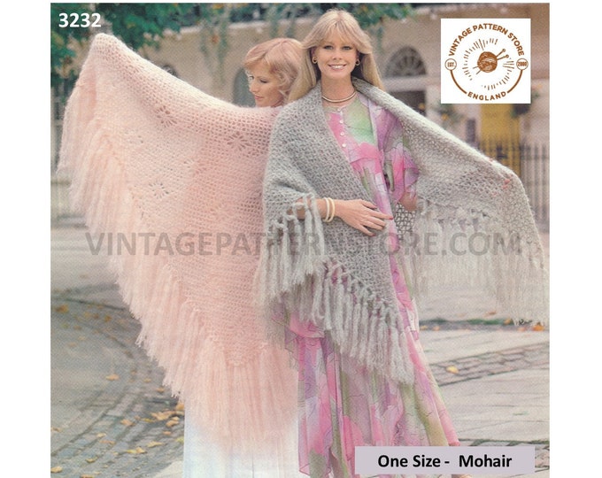 Ladies Womens 70s vintage easy to crochet large lacy fringed mohair shawl wrap stole pdf crochet pattern 35" long Instant PDF download 3232