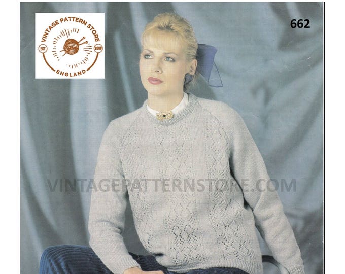 Ladies Womens 80s vintage 4 ply round neck lace panel lacy raglan sweater jumper pdf knitting pattern 32" to 42" chest Instant download 662