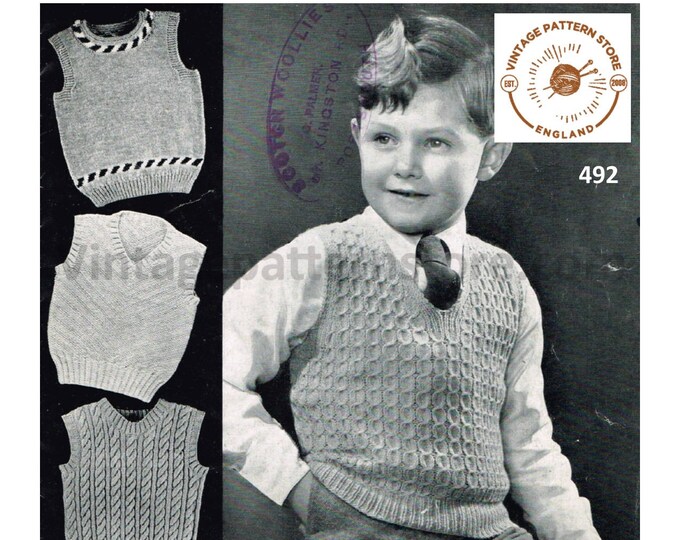Boys 40s vintage 3 ply V & round neck sleeveless sweater vest tank top pdf knitting pattern 3 designs to knit 25" to 26" chest Download 492