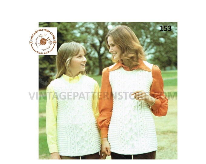 Ladies Womens Girls 80s vintage round neck cable cabled sleeveless aran slipover sweater vest pdf knitting pattern 30" to 38" Download 153
