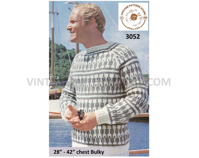 Mens Mans Ladies Womens 80s vintage crew neck bulky knit fair isle raglan sweater jumper pdf knitting pattern 28" to 42" PDF Download 3052