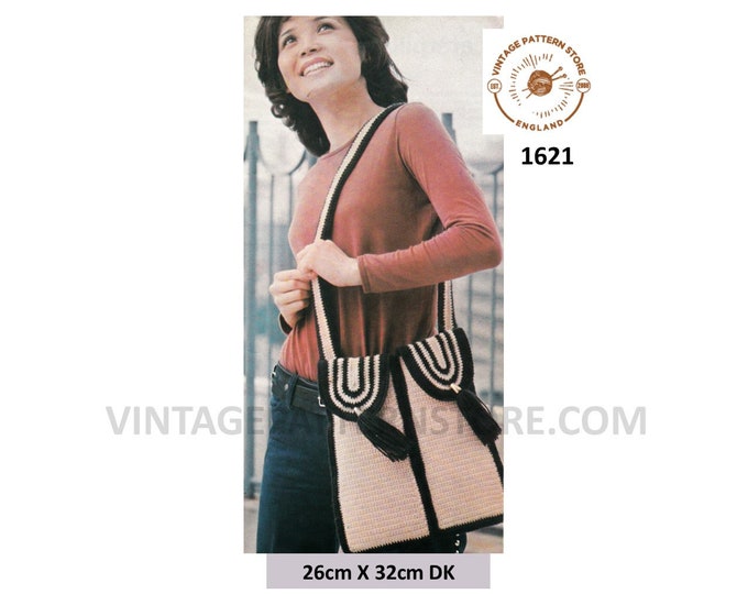 Ladies Womens 70s vintage DK tassel fringed shoulder bag purse pdf crochet pattern approx 10" by 12.5" Instant PDF Download 1621