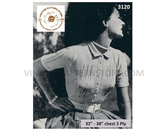 Ladies Womens 50s 3 ply round neck collared lacy striped short sleeve raglan summer cardigan pdf knitting pattern 32" to 38" Download 3120