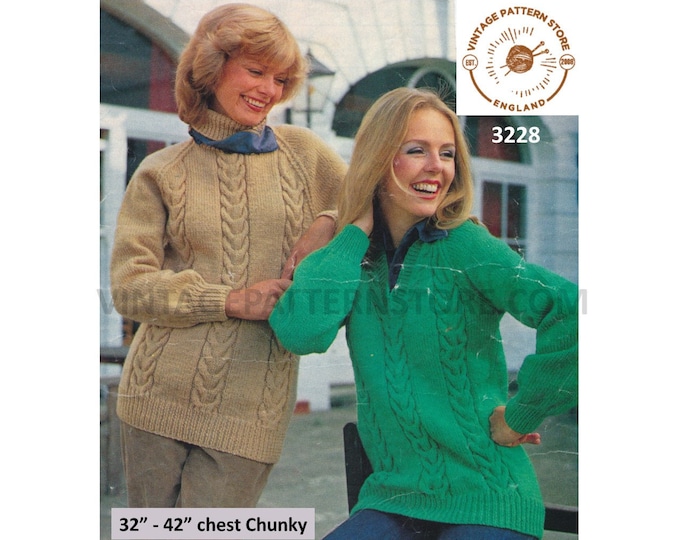Womens Ladies 70s vintage V or Polo neck cable cabled raglan chunky knit sweater jumper pdf knitting pattern 32" to 42" PDF download 3228