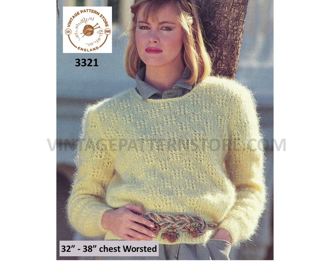 Womens Ladies 80s vintage picot round neck lacy lace check worsted raglan sweater jumper pdf knitting pattern 32" to 38" PDF Download 3321