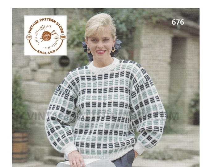 Ladies Womens 90s slouchy round neck DK drop shoulder check dolman sweater jumper pdf knitting pattern 32" to 42" chest PDF download 676