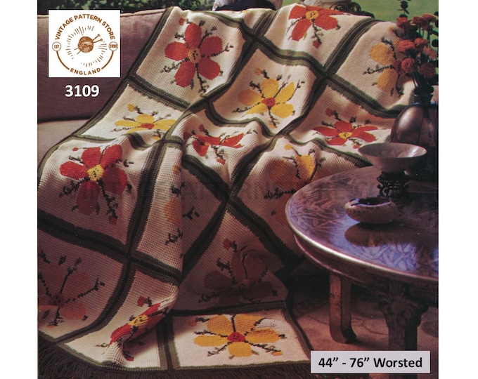 70s Vintage worsted floral and check patterned afghan throw pdf crochet pattern 44" by 76" Instant PDF download 3109