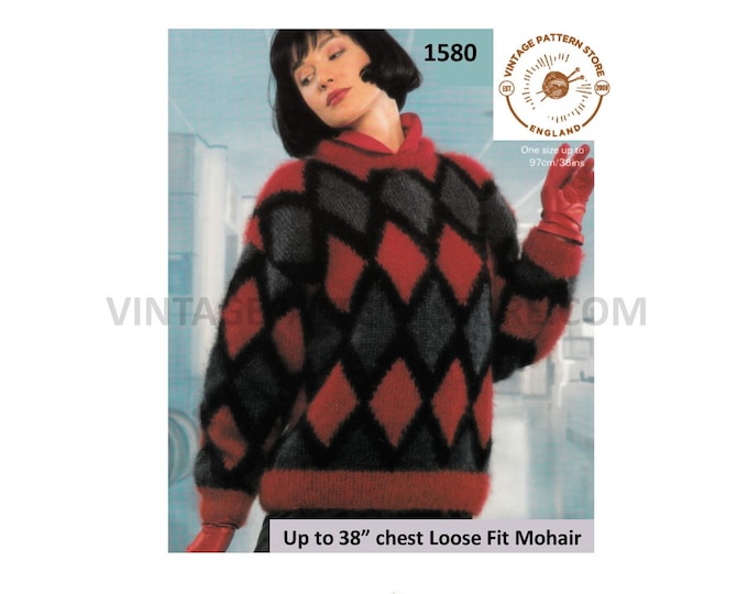 Ladies Womens 90s round neck diamond intarsia loose fit baggy dolman mohair sweater pdf knitting pattern Up to 38" chest PDF Download 1580