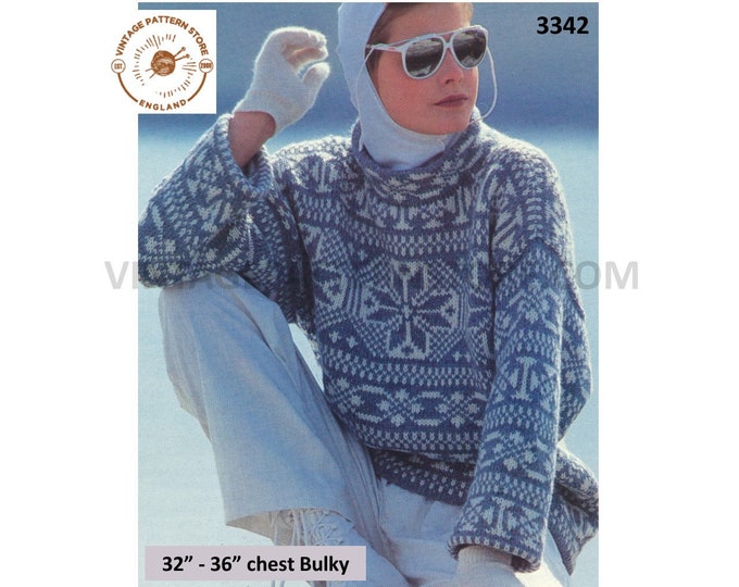 Ladies Womens 80s funnel neck fair isle drop shoulder bulky knit dolman sweater jumper pdf knitting pattern 32" to 36" bust Download 3342