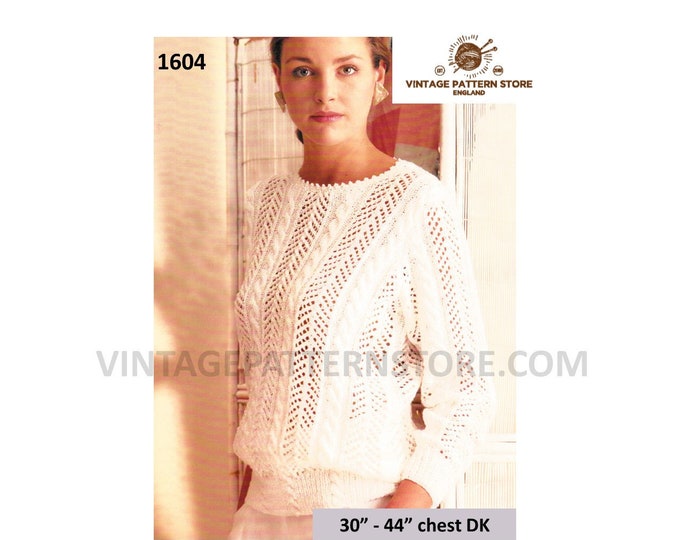 Ladies Womens 90s picot lacy round neck cable & lace panel DK raglan sweater jumper pdf knitting pattern 30" to 44" chest PDF Download 1604