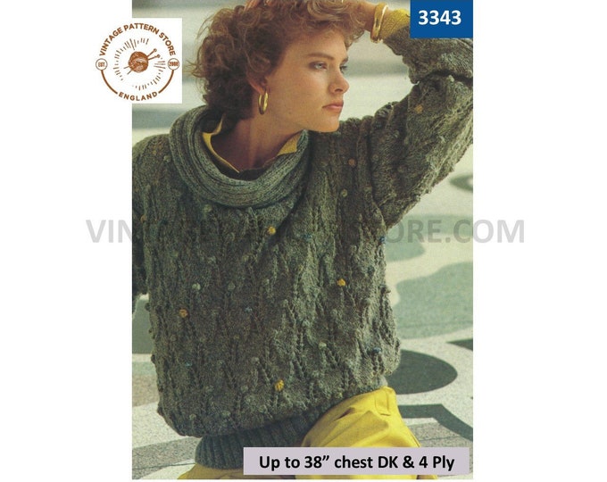 Womens Ladies 80s round neck drop shoulder eyelet lace lacy dolman sweater jumper pdf knitting pattern Up to 38" bust Instant Download 3343