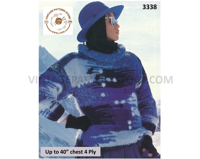 Ladies Womens 80s vintage roll neck drop shoulder colour work 4 ply dolman sweater jumper pdf knitting pattern Up to 40" bust Download 3338