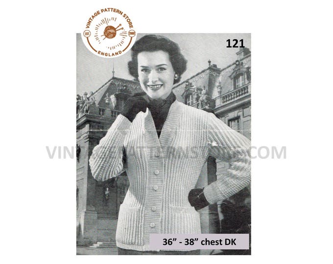 Ladies Womens 50s vintage fishermans rib ribbed V neck DK raglan cardigan jacket pdf knitting pattern 36" to 38" chest Instant Download 121