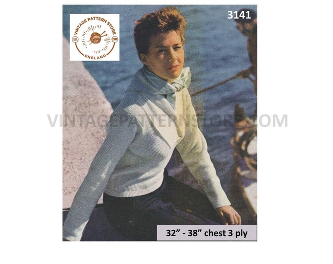 Ladies 50s sweater knitting pattern, Ladies Womens 50s sporty cross over collar 3 ply sweater jumper pattern - 32" - 38" - Download 3141