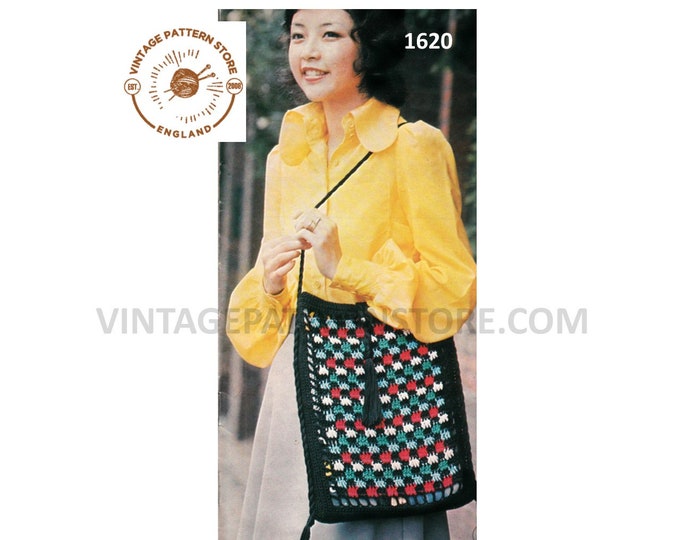 Ladies Womens 70s vintage DK check patterned tassel top shoulder bag purse pdf crochet pattern 14" by 12" Instant PDF Download 1620