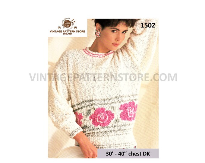 Ladies Womens 90s floral intarsia round neck drop shoulder DK dolman sweater jumper pdf knitting pattern 30" to 40" chest PDF Download 1502