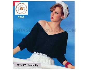 Ladies Womens 90s simple and easy to knit V neck off shoulder batwing sweater jumper pdf knitting pattern 32" to 38" chest PDF Download 3264