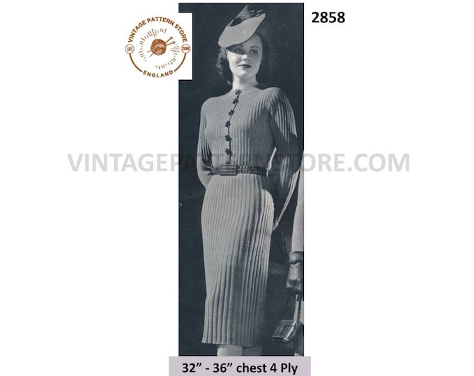 Ladies Womens 30s vintage 4 ply round neck long line ribbed raglan dress with cardigan top pdf knitting pattern 32" to 36" Download 2858