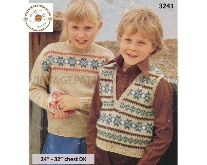 Boys Girls 70s vintage V neck fair isle banded DK sweater vest tank top & raglan jumper pdf knitting pattern 24" to 32" PDF download 3241