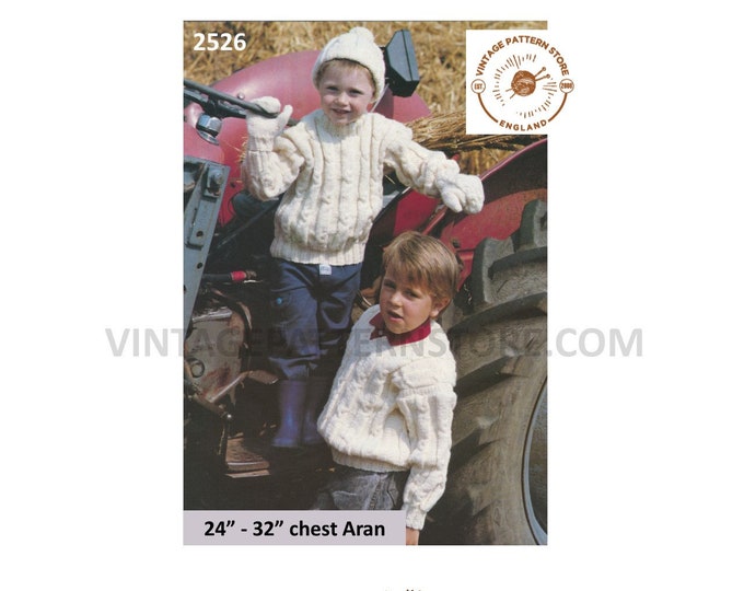 Girls Boys 90s crew or round neck cable cabled aran sweater jumper mittens and hat pdf knitting pattern 24" to 32" chest PDF download 2526