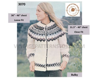 Womens Ladies Mens 80s vintage fair isle yoke yoked chunky knit round neck raglan cardigan pdf knitting pattern 31.5" to 46" Download 3070
