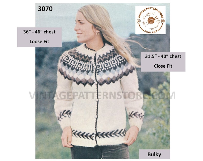 Womens Ladies Mens 80s vintage fair isle yoke yoked chunky knit round neck raglan cardigan pdf knitting pattern 31.5" to 46" Download 3070