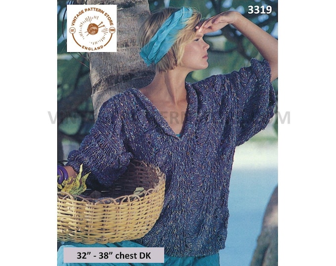 Ladies Womens 80s vintage loose fit DK V neck shawl collar dolman sweater jumper pdf knitting pattern 32" to 38" bust Instant Download 3319