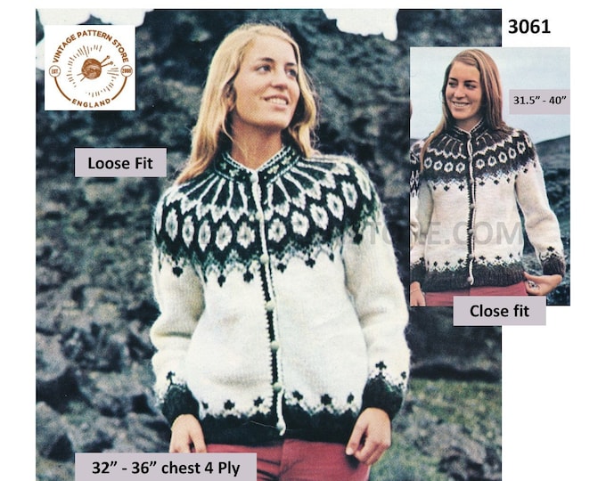 Ladies Womens 80s vintage bulky knit crew neck fair isle yoke yoked raglan cardigan jacket pdf knitting pattern 31.5" to 40" Download 3061