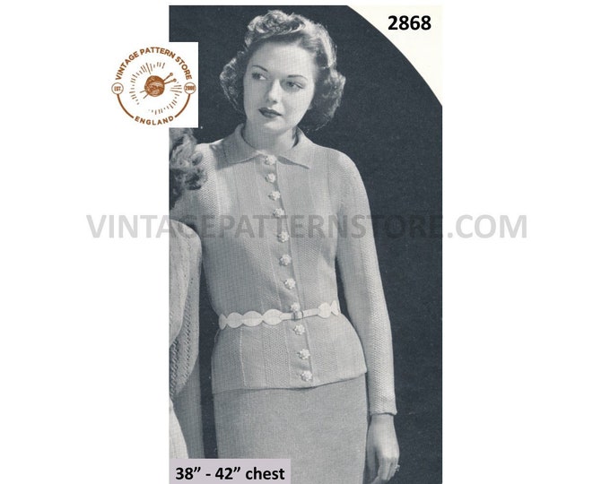 Ladies Womens 30s vintage 3 ply round neck collared texture striped raglan cardigan pdf knitting pattern 38" to 42" chest PDF download 2868