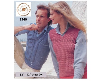 Womens Ladies Mens 70s vintage DK V neck cable or texture slipover sweater vest tank top pdf knitting pattern 32" to 42" chest Download 3240