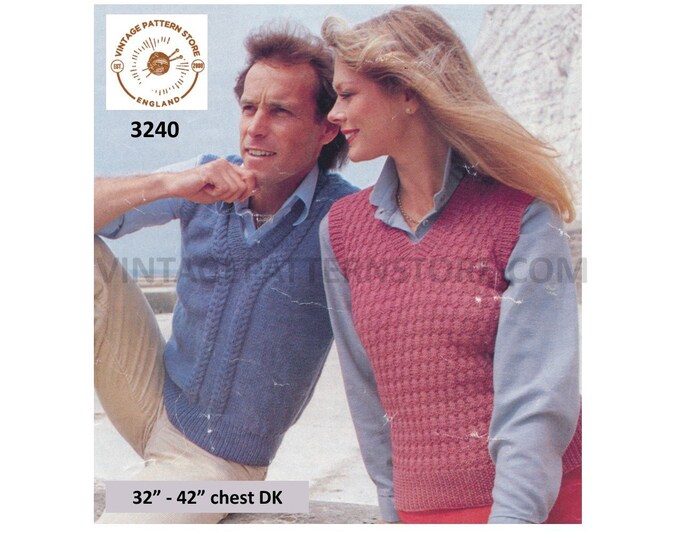 Womens Ladies Mens 70s vintage DK V neck cable or texture slipover sweater vest tank top pdf knitting pattern 32" to 42" chest Download 3240