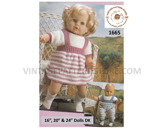 80s vintage 16" 20" 24" DK baby dolls clothes T shirt sweater jumper & striped dungarees skirt pdf knitting pattern Instant Download 1665
