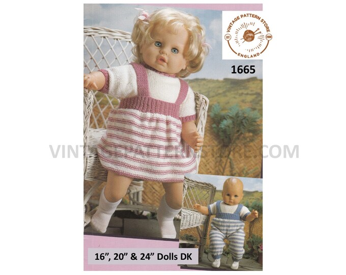 80s vintage 16" 20" 24" DK baby dolls clothes T shirt sweater jumper & striped dungarees skirt pdf knitting pattern Instant Download 1665