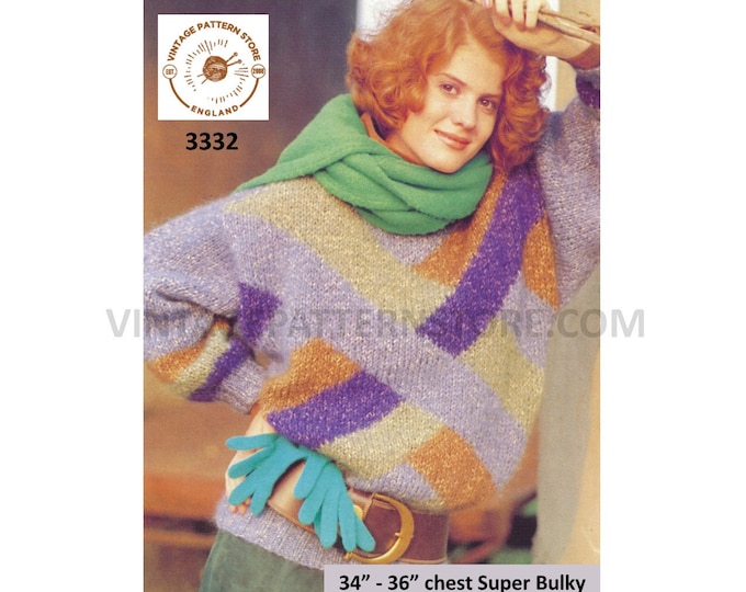 Womens Ladies 80s vintage round neck bulky knit drop shoulder Intarsia dolman sweater jumper pdf knitting pattern 34" to 36" Download 3332