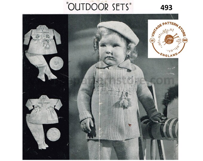 Baby Babies Toddlers 30s vintage 4 ply jacket beret hat and pants trousers pdf knitting pattern 3 designs 21" to 22" chest PDF Download 493