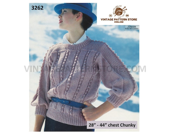 Ladies Girls 90s round neck drop shoulder chunky knit cable cabled dolman sweater jumper pdf knitting pattern 28" to 44" Download 3262