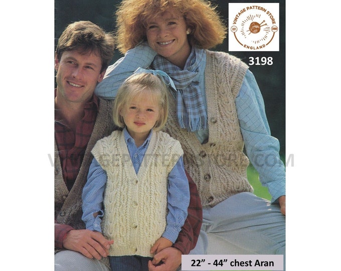 Ladies Womens Mens Boys Girls 80s Family V neck cable cabled cap sleeve aran waistcoat pdf knitting pattern 22" to 44" Instant Download 3198