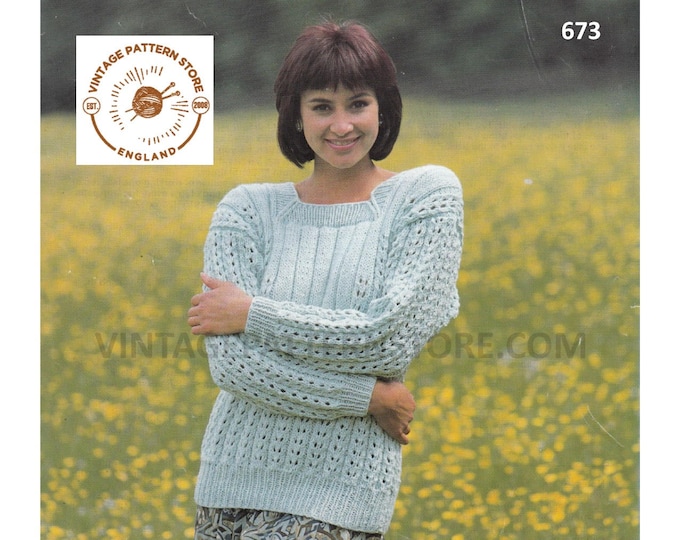 Ladies Womens 90s square neck lacy lace drop shoulder ribbed rib dolman aran sweater jumper pdf knitting pattern 32" to 42" PDF Download 673