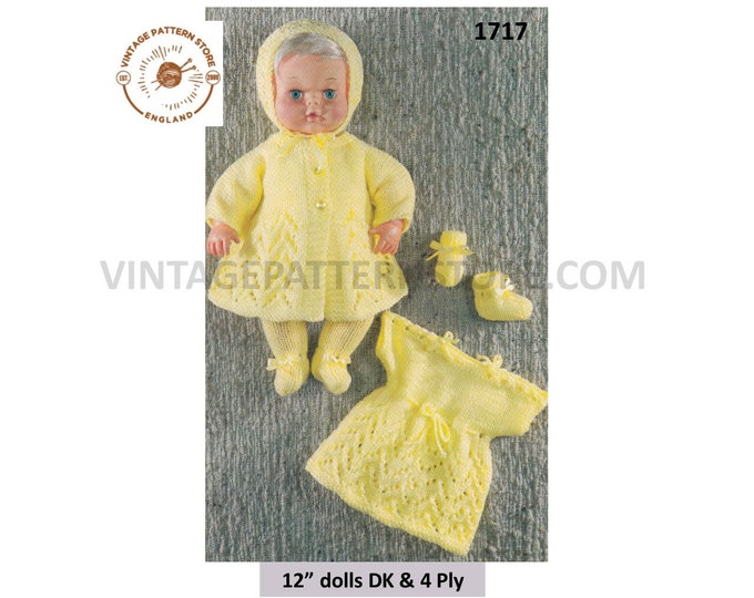 80s vintage 4 ply and DK 16" baby dolls clothes pram set dress coat bonnet booties bootees pdf knitting pattern Instant PDF download 1717