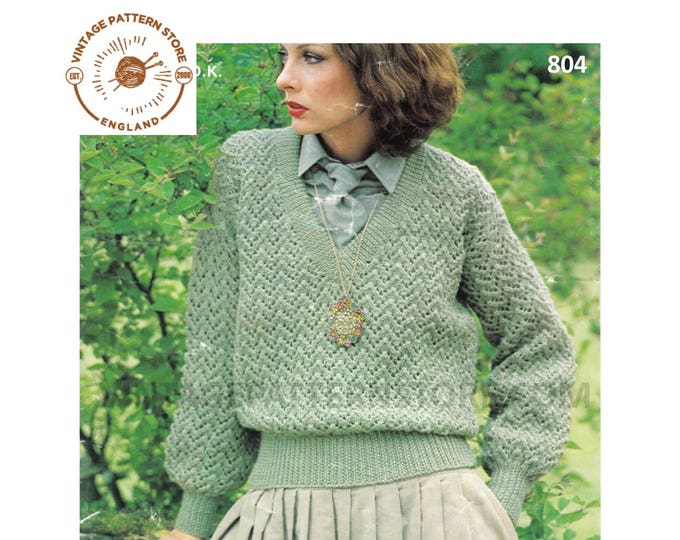 Ladies Womens 70s vintage DK V neck lacy lace raglan sweater jumper pullover pdf knitting pattern 32" to 40" chest Instant PDF download 804