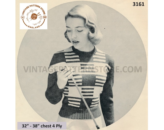 Ladies Womens 50s vintage 4 ply round neck block & stripe raglan sweater jumper pdf knitting pattern 32" to 38" Instant PDF Download 3161