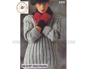 90s Chunky Ribbed Sweater Knitting Pattern (PDF Pattern) Up to 42" Bust