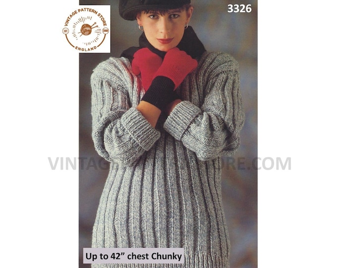 Ladies Womens 90s easy to knit ribbed chunky knit long line drop shoulder rib sweater jumper pdf knitting pattern Up to 42" Download 3326