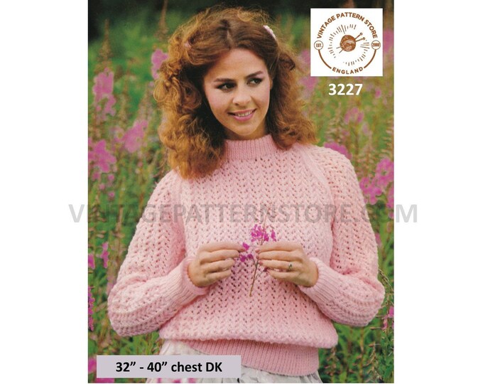 Womens Ladies 70s vintage DK round neck lacy lace raglan sweater jumper pullover pdf knitting pattern 32" to 40" chest Instant Download 3227