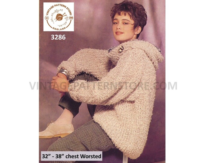 Ladies Womens 80s cowl neck loose fit slouchy fishermans rib ribbed worsted sweater jumper pdf knitting pattern 32" to 38" Download 3286